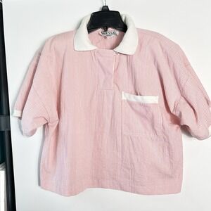 Vtg Vanessa Womens Sz L Pink Striped Short Sleeve Cropped Collared Shirt‎ *READ